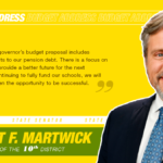 A graphic with a picture of Senator Martwick, featuring a portion of his statement regarding the governor's proposed budget.