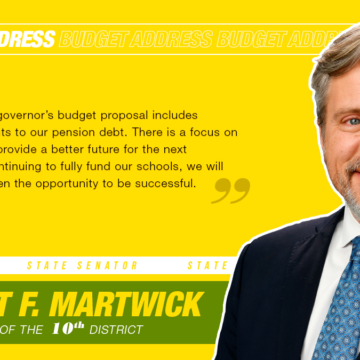 A graphic with a picture of Senator Martwick, featuring a portion of his statement regarding the governor's proposed budget.
